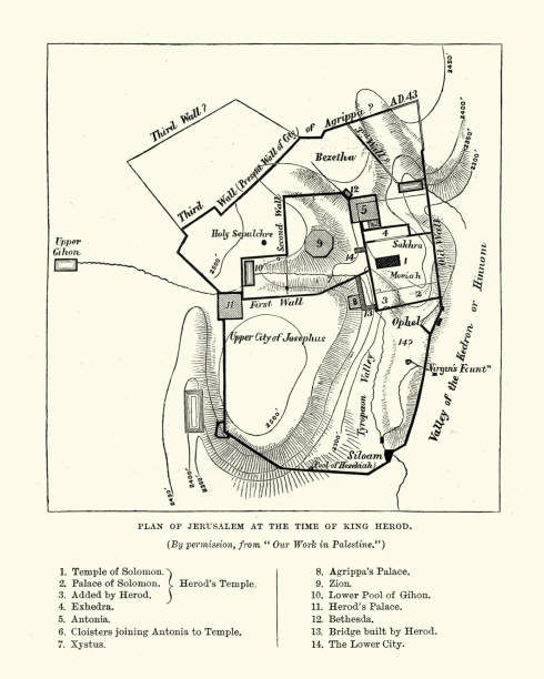 plan von jerusalem auf die zinken des königs herodes - tine stock-grafiken, -clipart, -cartoons und -symbole