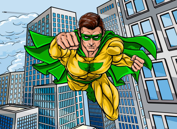 super hero city fliegen - superhero comic book cityscape flying stock-grafiken, -clipart, -cartoons und -symbole