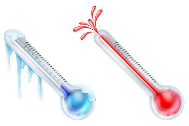 Hot and Cold Thermometer Icons Hot and cold thermometer icon set with one frozen and one bursting ice clipart stock illustrations