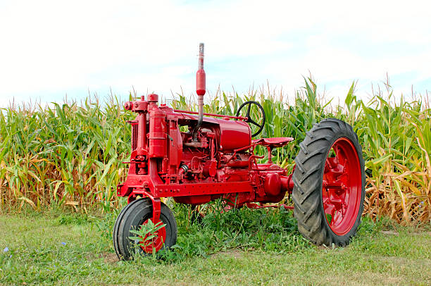 Antico rosso trattore e mais - foto stock