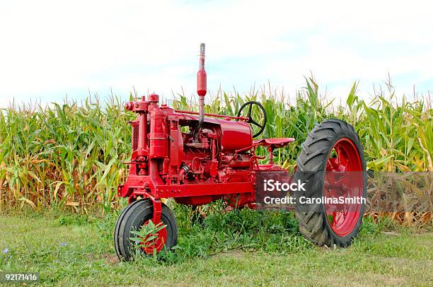 Vermelho Antigo Tractor E Milho - Fotografias de stock e mais imagens de Trator - Trator, Antiguidade, Antigo