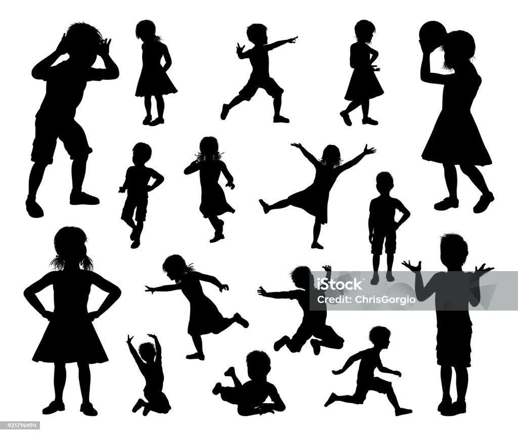 Kids Children Silhouette Set A set of kids or children in silhouette playing, running and jumping and other poses Child stock vector