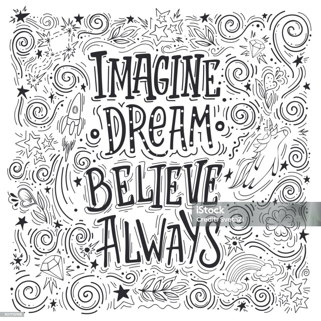 imagine dream believe always Imagine Believe Dream Always. Hand drawn vector quote. Inspiring and motivating illustration. Doodle stock vector