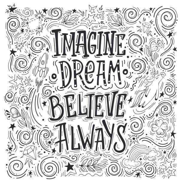 imagine dream believe always Imagine Believe Dream Always. Hand drawn vector quote. Inspiring and motivating illustration. adventure drawings stock illustrations