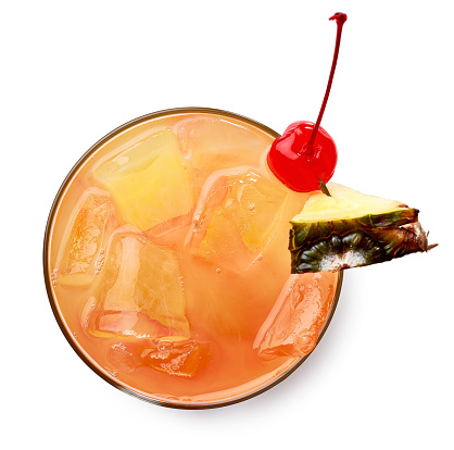 Glass of Mai tai cocktail isolated on white background. Top view