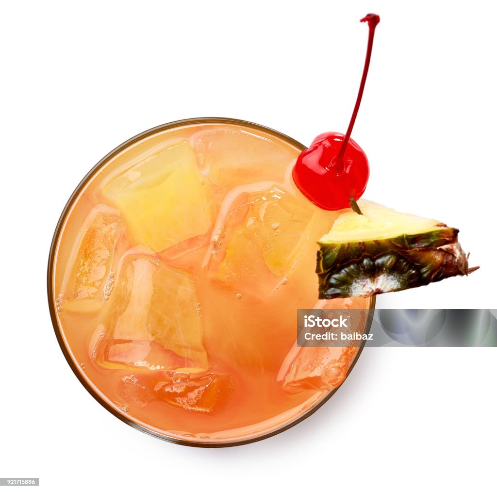 Glass of Mai tai cocktail Glass of Mai tai cocktail isolated on white background. Top view High Angle View Stock Photo