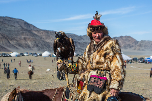 OLGIY, MONGOLIA - SEP 30, 2017: Kazakh Golden Eagle Hunter at traditional clothing, with a golden eagle on his arm during annual national competition with birds of prey \