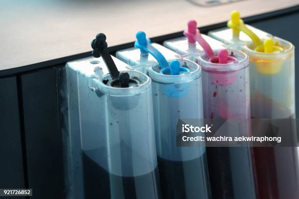 Old Ink Tank Of Printer Stock Photo - Download Image Now - Black Color, Blue, Color Image