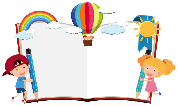 istock Border template with boy and girl writing with pencils 921727354