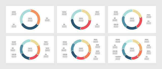 Business infographics. Circles with 3, 4, 5, 6, 7, 8 steps, arrows. Vector templates.