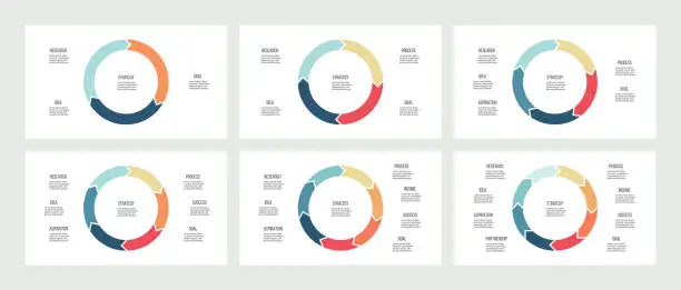 Vector illustration of Business infographics. Circles with 3, 4, 5, 6, 7, 8 steps, arrows. Vector templates.