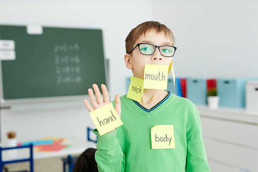 Schoolboy in eyeglasses with body part names written on notepapers stuck on his hand and face