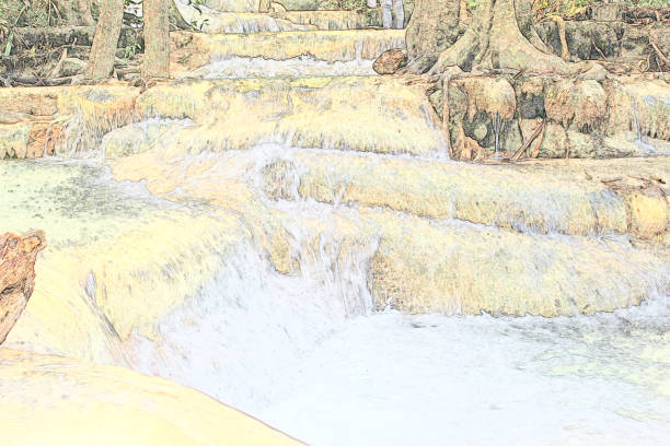 istock Abstract beautiful waterfall in forest on watercolor painting background. 921735886