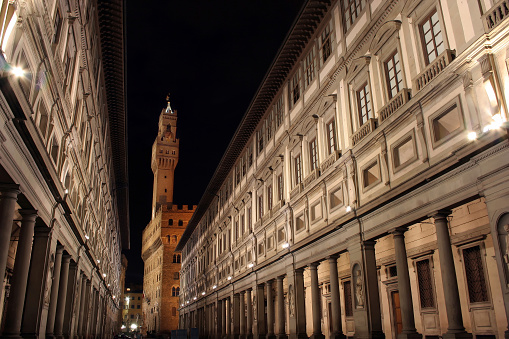 Stunning night shot of The Ufizzi museum with its remarkable arcade in Florence, Italy.