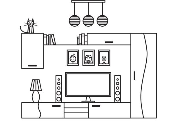 illustrazioni stock, clip art, cartoni animati e icone di tendenza di interno del moderno soggiorno in stile line art. - horizontal illustration and painting wall speaker