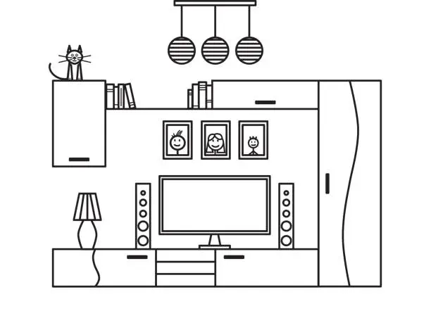 Vector illustration of Interior of  the modern living room in line art style.