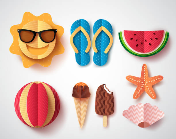 Summer vector elements set with paper cut flat folding style of sun Summer vector elements set with paper cut flat folding style of sun, flipflops ice cream, watermelon and starfish isolated in white background. Vector illustration. summer fun stock illustrations