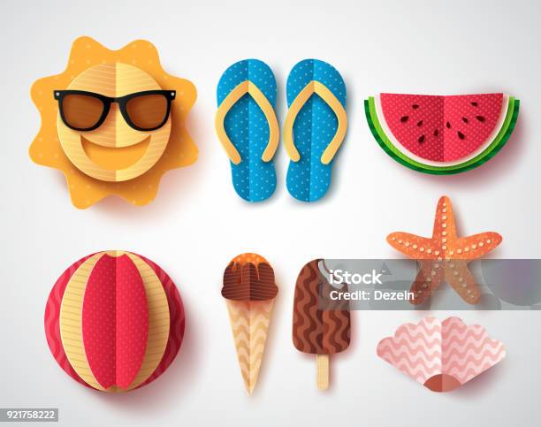 Summer Vector Elements Set With Paper Cut Flat Folding Style Of Sun Stock Illustration - Download Image Now