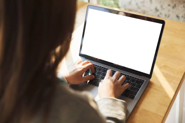 istock Women using laptop with blank screen at table in the office. 921758760