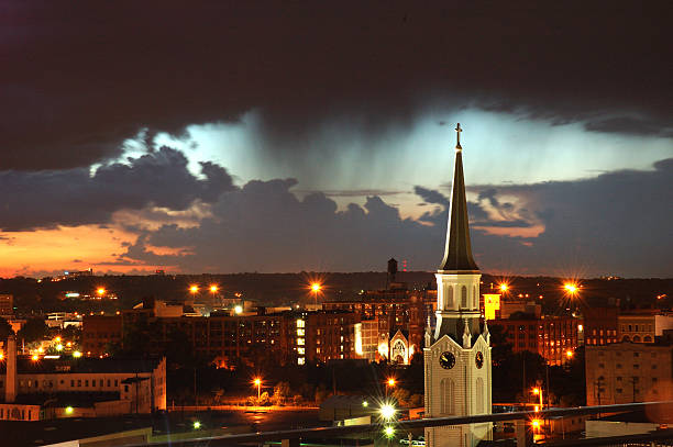 City Church with fire sky stock photo