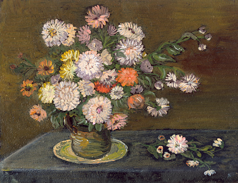 My own artwork,oil painting of multicolored dahlias on a table and dark textured background