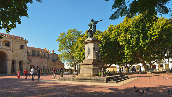 City of Santo Domingo, Dominican Republic, February 2nd, 2018. Day shot of Christopher Columbus Park with Cathedral Primada de America in the background, Colonial Zone, Santo domingo, Dominican Republic.