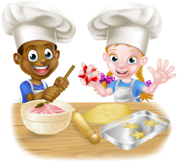 Cartoon Child Chefs Baking Cakes Cartoon boy and girl kids, one black one white, dressed as chefs or bakers baking cakes and cookies in chef hats boys bowl haircut stock illustrations
