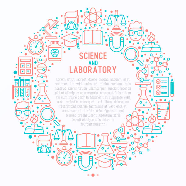 ilustraciones, imágenes clip art, dibujos animados e iconos de stock de concepto de ciencia y laboratorio en círculo con los iconos de la delgada línea del científico, adn, microscopio, balanzas, imán, respirador, lámpara de alcohol. ilustración de vector de banner, página web, medios impresos. - beaker laboratory weight scale physics