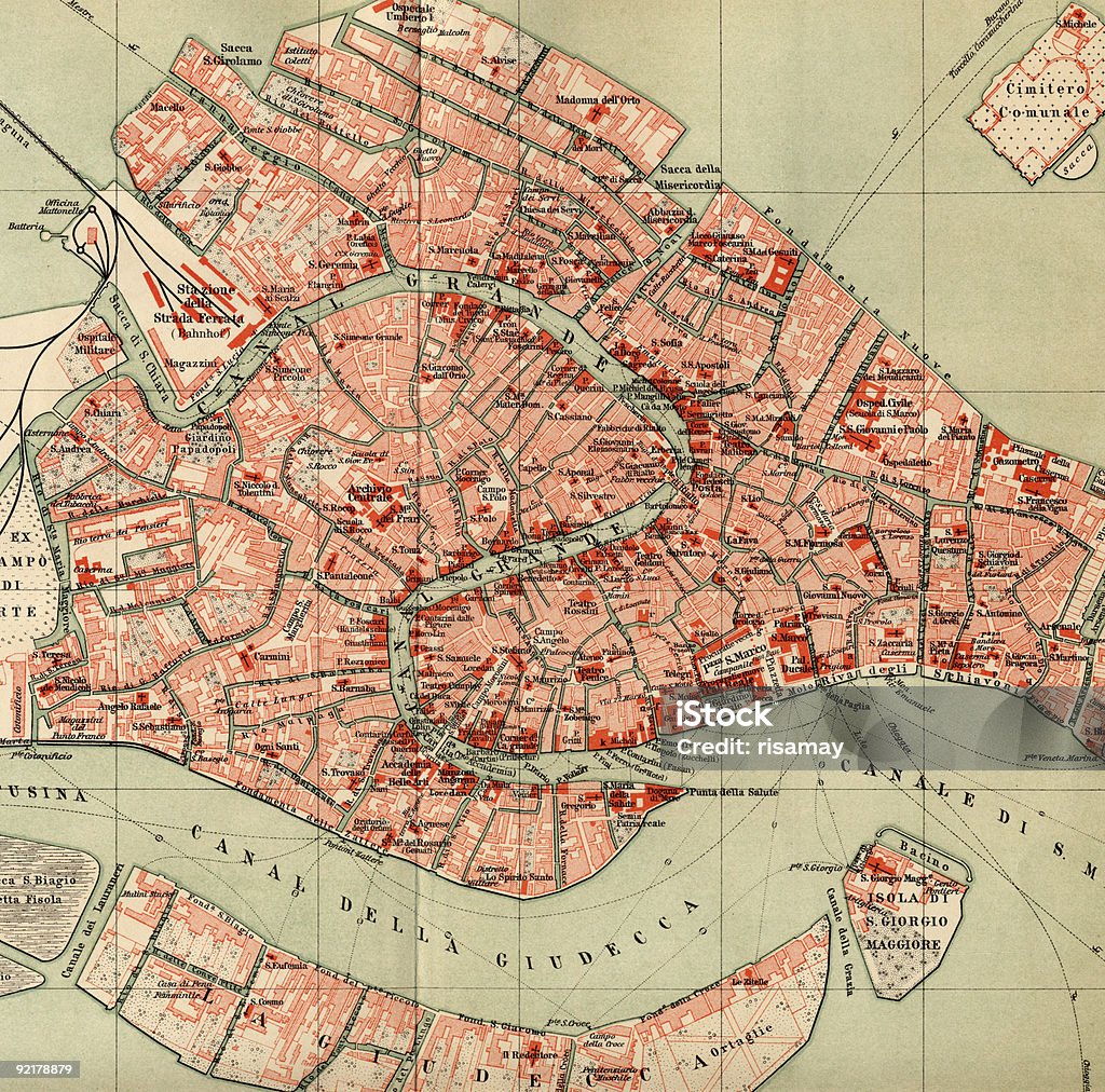 Vintage de 1880 Mapa de Veneza. - Foto de stock de Mapa royalty-free