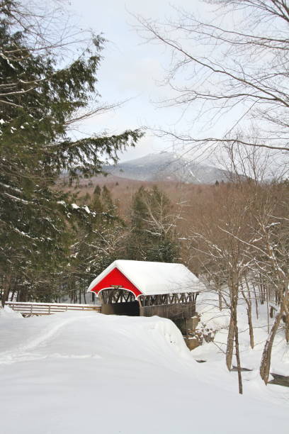 istock Red covered bridge in a snowy mountain landscape 921788990