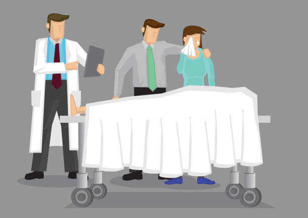 Loss and Grief in Hospital Setting Doctor with a couple weeping over a dead body covered in white sheet on wheeled bed. Vector cartoon illustration on death and grief concept isolated on grey background. cartoon of medical records stock illustrations