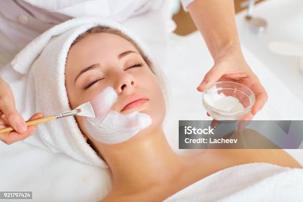 Woman In Mask On Face In Spa Beauty Salon Stock Photo - Download Image Now - Facial Mask - Beauty Product, Spa, Human Face