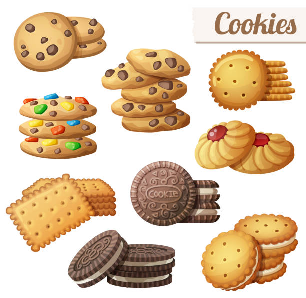 쿠키 세트 of 말풍선이 있는 벡터 음식 아이콘 - baking bakery biscuit brown stock illustrations