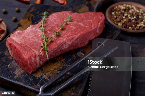 Beef Steak Meat And Thyme Stock Photo - Download Image Now - Backgrounds, Beef, Cooking