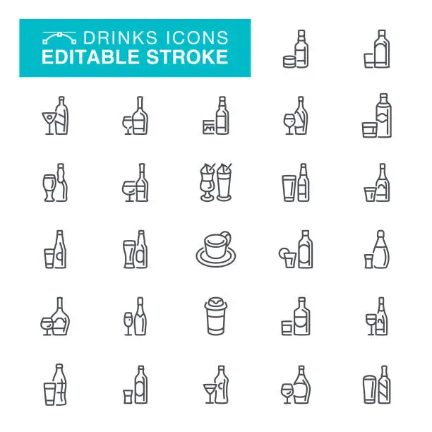 Vector illustration of Drinks Alcohol Icons Editable Stroke Icons