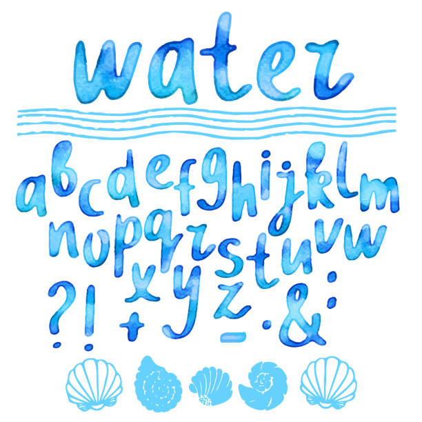 Hand drawn watercolor blue alphabet Hand drawn watercolor blue alphabet, font, letters. Handwritten, word water, waves, sea shells isolated on white background brush stroke alphabet stock illustrations