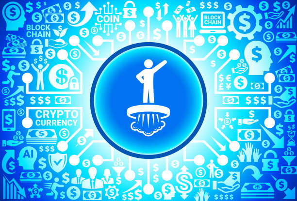 Hovering Technology Icon on Money and Cryptocurrency Background Hovering Technology Icon on Money and Cryptocurrency Background. The icon is white in color and is placed in the center of the image inside a blue glowing circle button with a dark blue outline, The background of the image is composed of various cryptocurrency money and finance icons. The background has a blue gradient and a glow effect. There are also circuit board elements present which represent modern digital trading. laptop hover stock illustrations