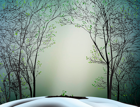 First spring sun ray, spring forest hill with first snowdrop, March nature scene, spring beginnings, vector