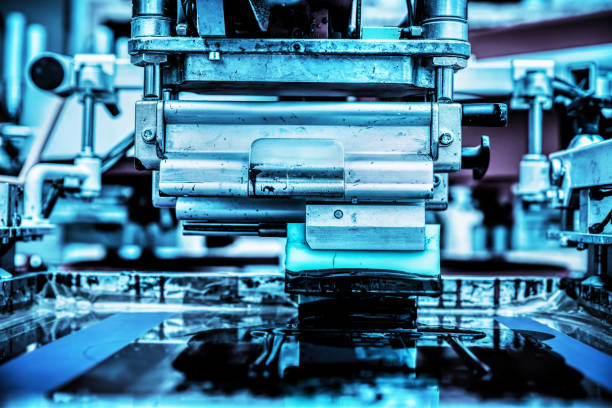 Metal industrial machinery and tools. Precise working process, device close-up.
