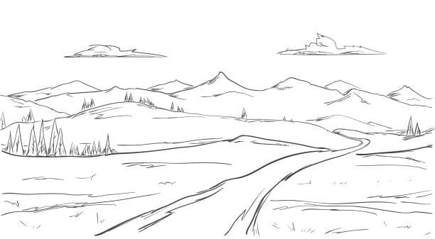 Hand drawn Mountains sketch landscape with road, pine and clouds. Line design Vector illustration: Hand drawn Mountains sketch landscape with road, pine and clouds. Line design hiking drawings stock illustrations