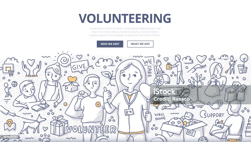 Volunteering Doodle Concept Doodle vector illustration of a volunteers, doing altruistic social activity. Volunteering concept for web banners, hero images, printed materials Volunteer stock vector