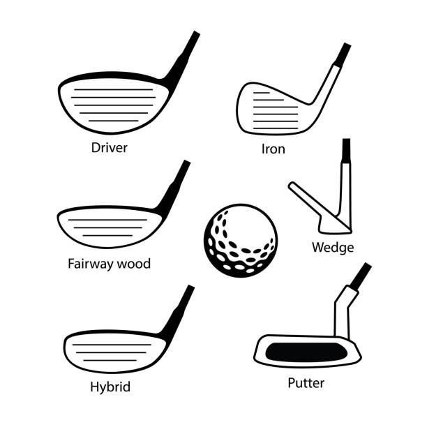 ilustraciones, imágenes clip art, dibujos animados e iconos de stock de set de club de golf y bola iconos diseño gráfico - putting