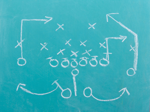 a football play drawn out on a chalk board. See other images for set and plays.