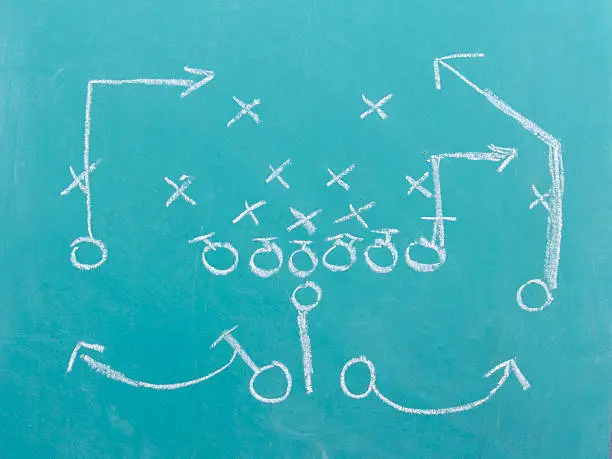 a football play drawn out on a chalk board. See other images for set and plays.