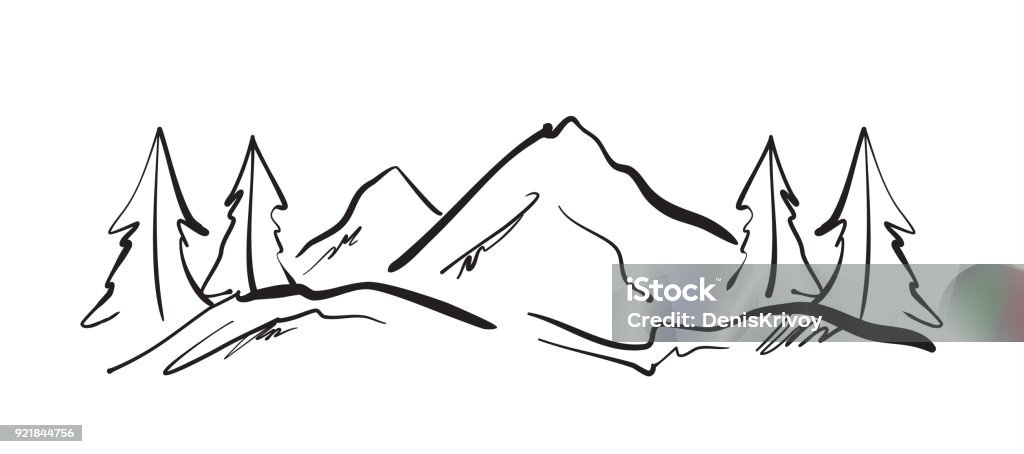  Ilustración de Dibujado A Mano Montañas Sketch Paisaje Con Cerros Y Pinos y más Vectores Libres de Derechos de Bosque