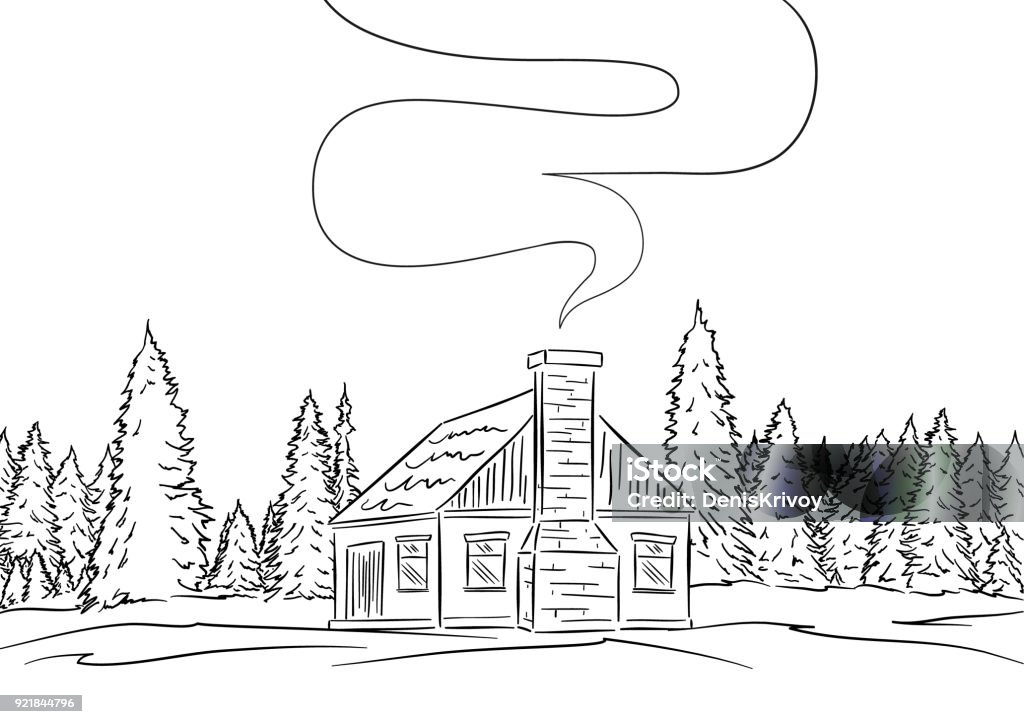 Hand drawn landscape with house and pine forest. Sketch line design Vector illustration: Hand drawn landscape with house and pine forest. Sketch line design Log Cabin stock vector