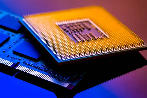 technology cyber electronic concept. cpu ram computer on blue light background
