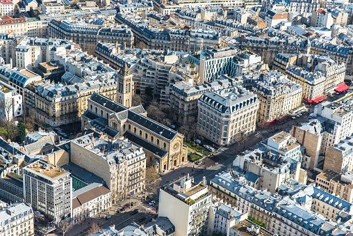 Paris, panorama, aerial view from the Montparnasse tower, beautiful buildings and the Notre-Dame-des-Champs church