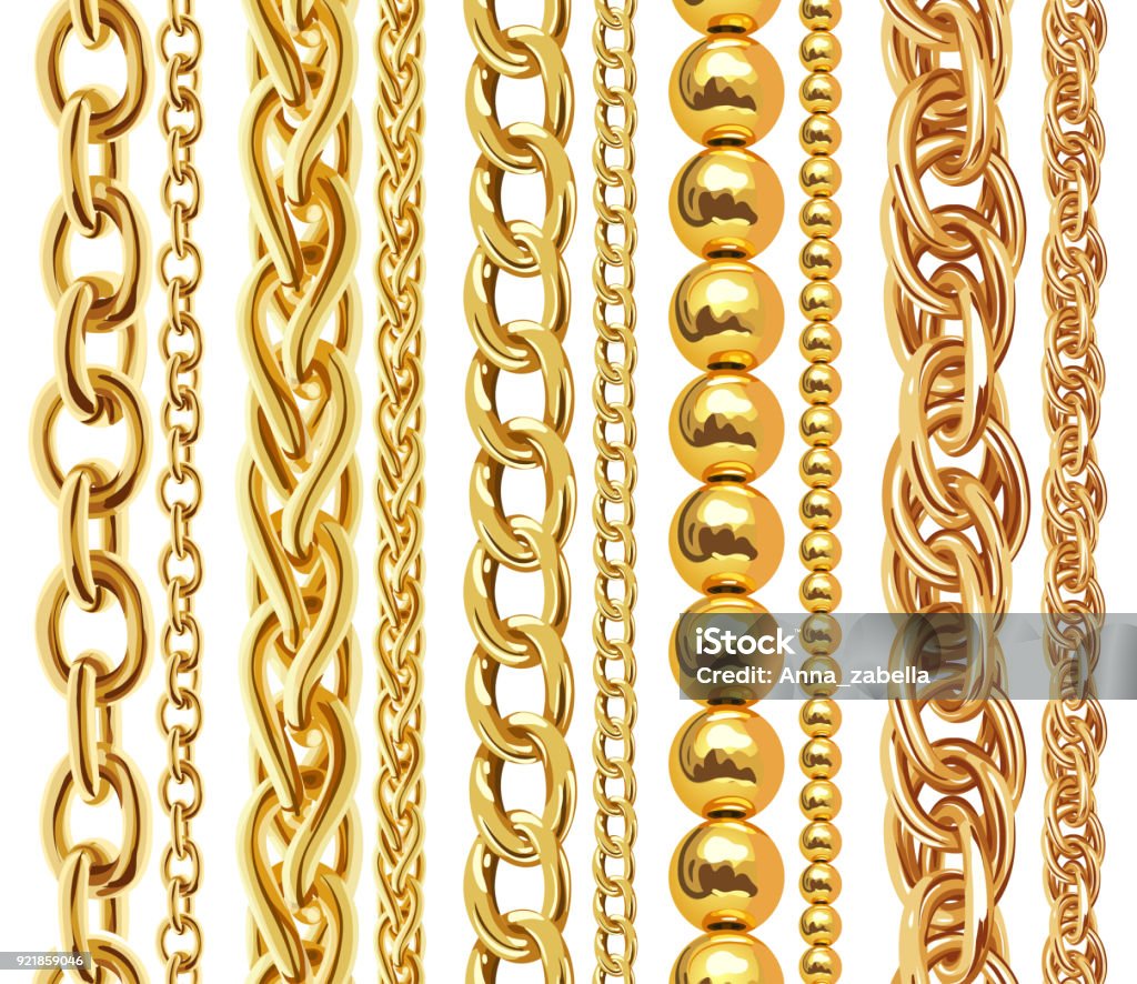 Set of realistic vector golden chains Set of realistic vector golden chains. Vector illustration of gold links isolated on white background Jewelry stock vector