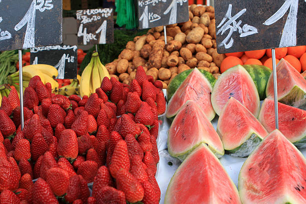 istock Fruit stand with Strawberries and watermelon 92186385